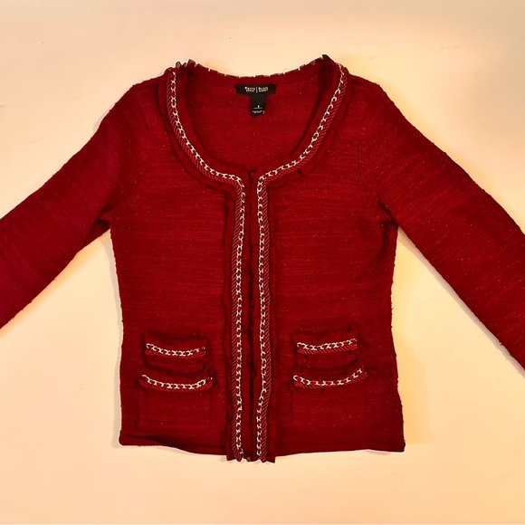 WHBM Cranberry knit sweater with gold chain and lace trim.  Size S.  Excellent - Picture 1 of 3
